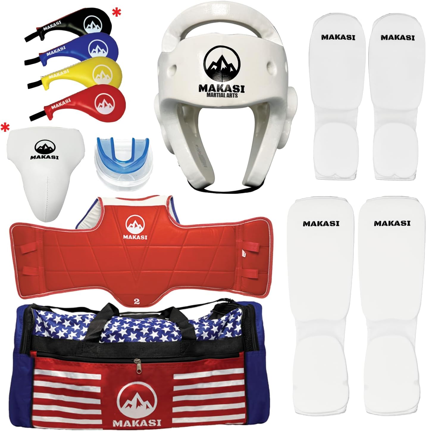 Martial Arts Taekwondo Sparring Gear Equipment Set Headgear Cloth Shin Instep Arm Chest Mouthguard Bag