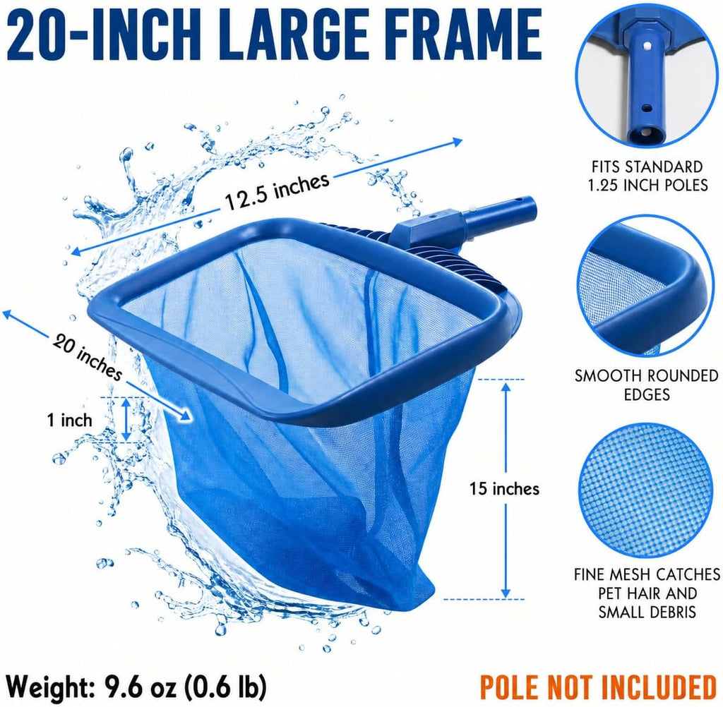 20" Pool Skimmer Net - Heavy-Capacity Deep Bag Leaf Rake for Inground & Above Ground Pools - Fine Mesh Catches