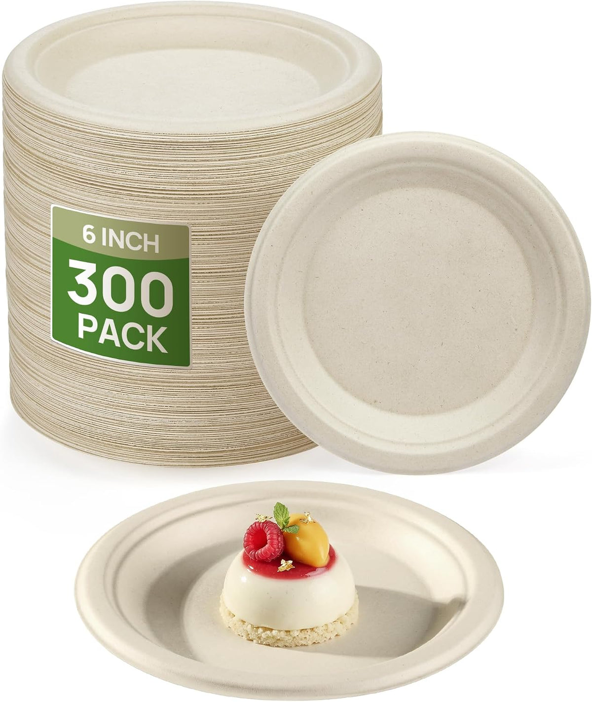 6 Inch Bulk Compostable Sugarcane Paper Plates 300 Pack, Natural