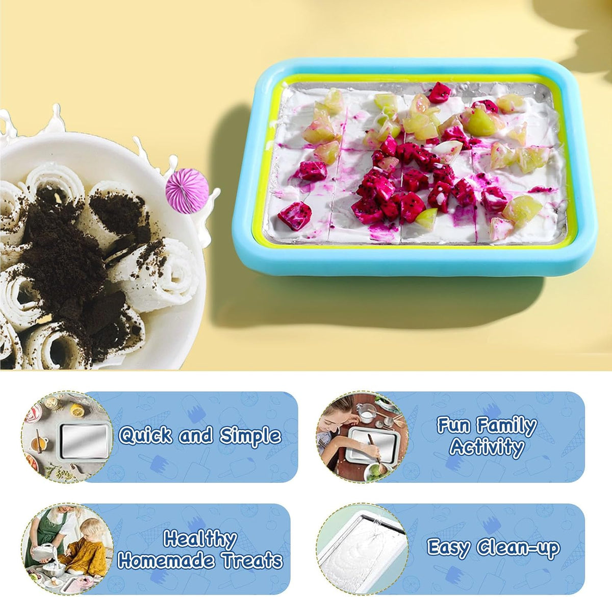 Rolled Ice Cream Maker, Stainless Steel Freezer Tray, Lake Blue