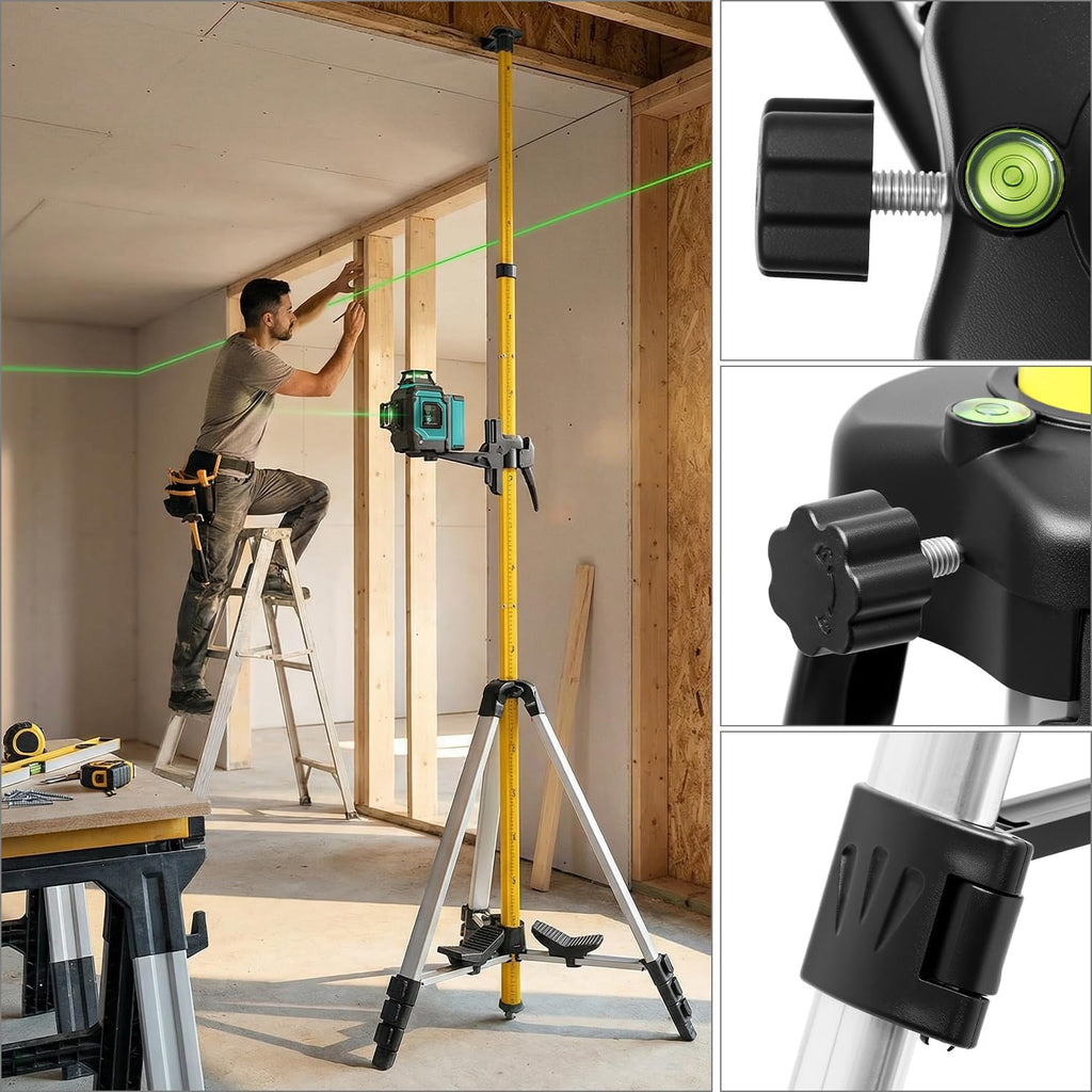 Laser Level Pole, 12 Ft./3.7M Adjustable Telescoping Laser Pole with Tripod, 1/4-Inch by 20-Inch Mount, Includes