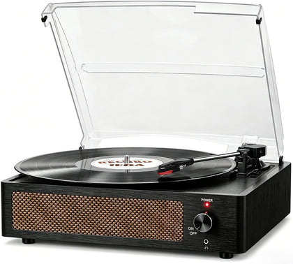 Vinyl Record Player with Speakers,Wood Black Vintage Turntables | All-in-one Beginner LP Players,Retro Old-school