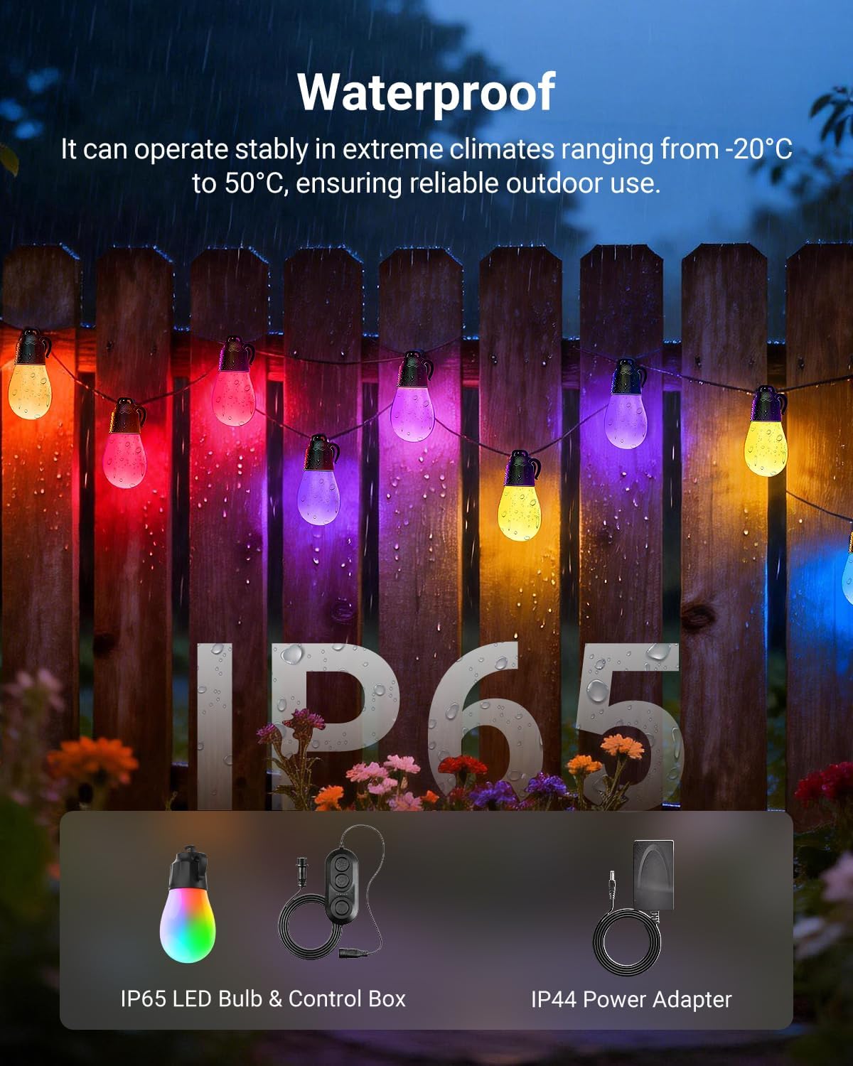 96ft Outdoor String Lights, App Control Smart AI RGB IC W Hanging Outside Warm White Patio Balcony Backyard Lighting