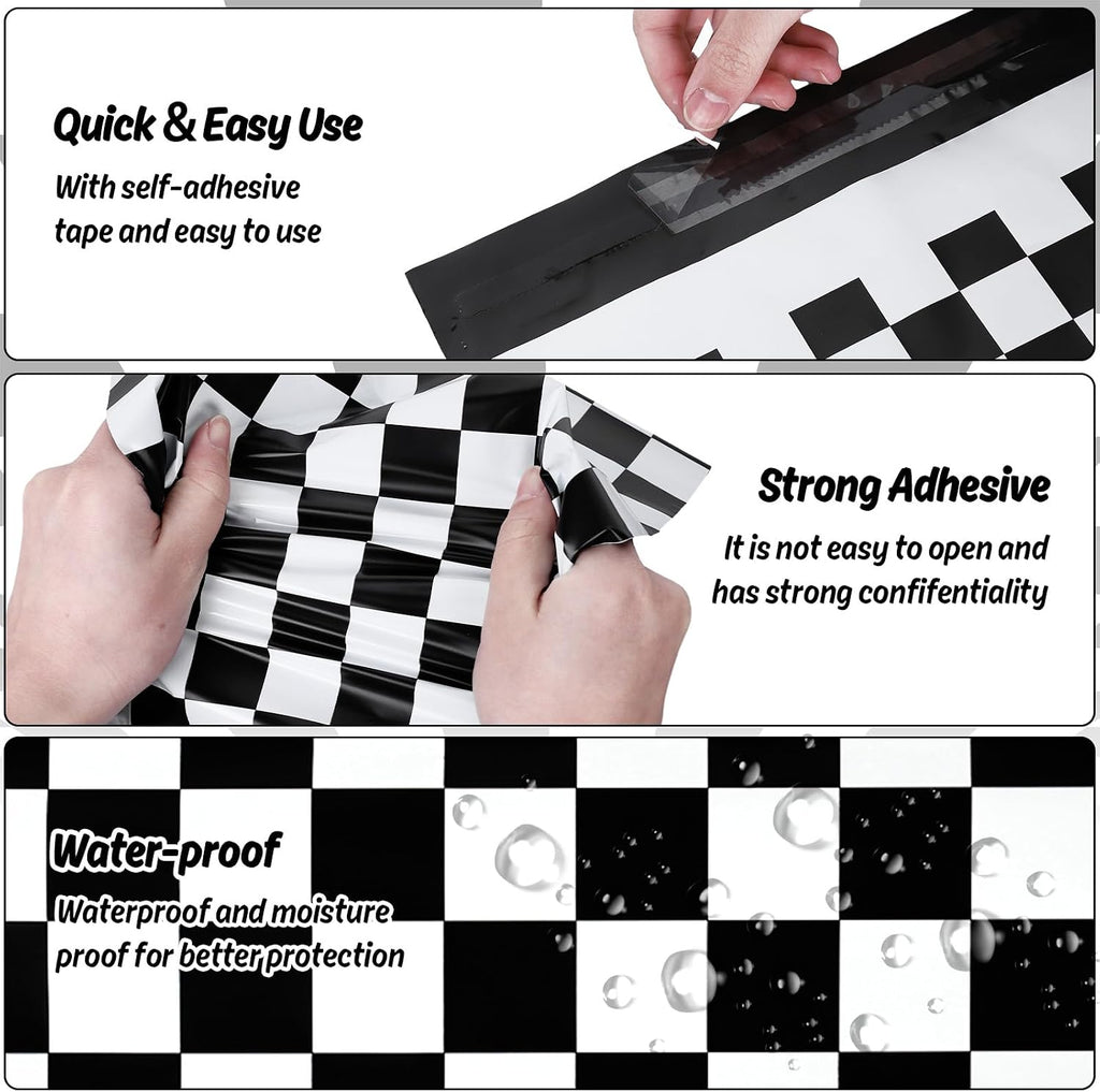 100Pcs 10 x 13in Checkered Poly Mailers Classic Black and White Plaid Packing Bags with Self-Sealing Decorative Gift