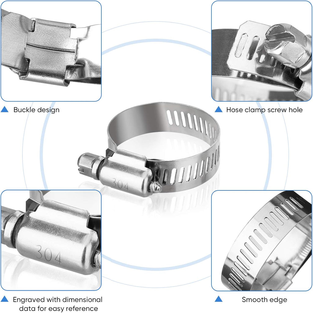 40PCS Hose Clamp Set - 1/4''–1-1/8'' 304 Stainless Steel Worm Gear Hose Clamps for Pipe, Intercooler, Plumbing, Tube