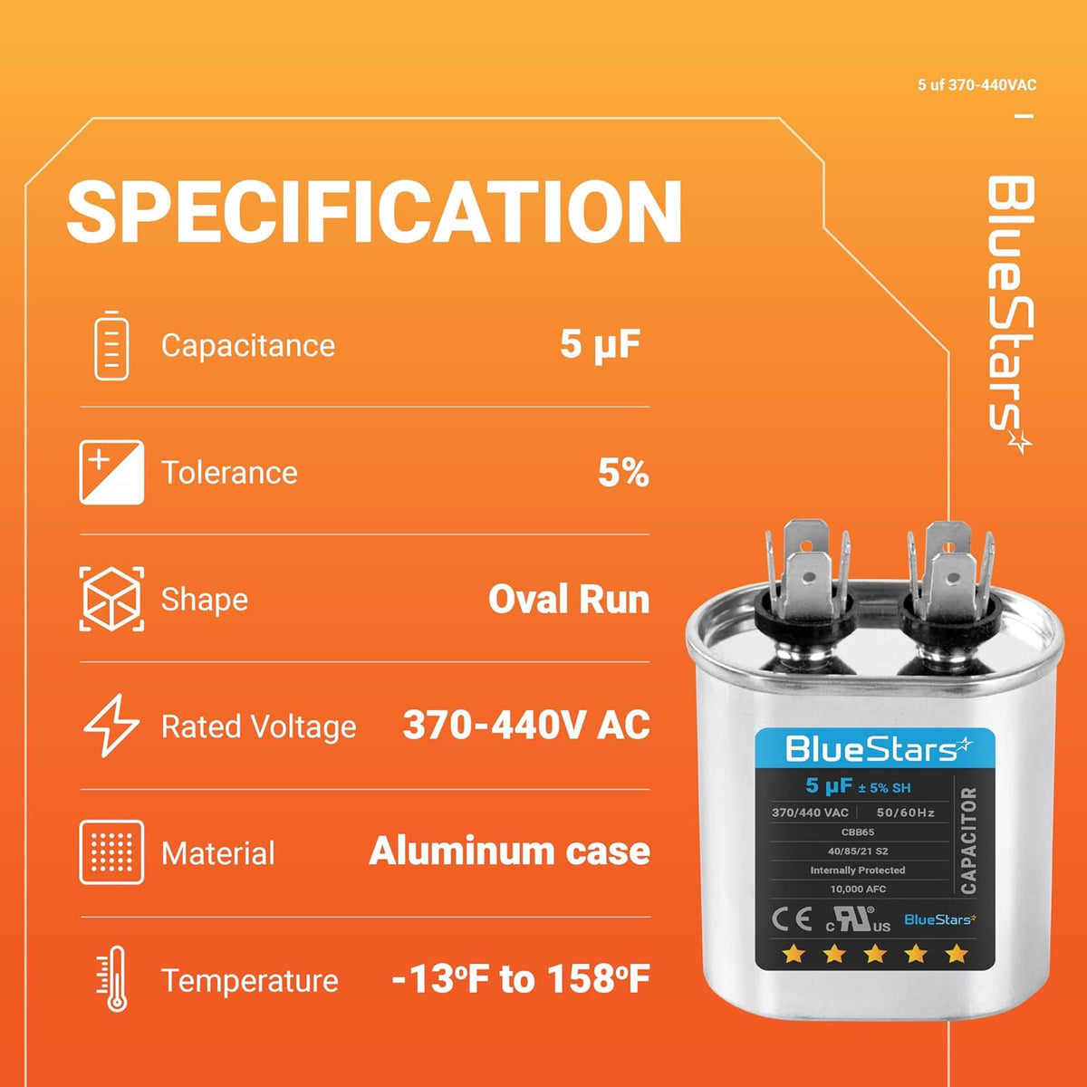 [2025 Upgraded] BlueStars 5 uF MFD ±5% 370-440VAC Oval Run Capacitor