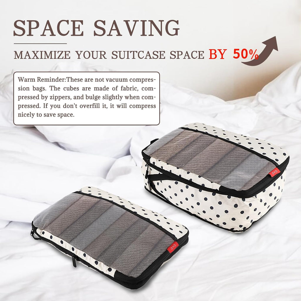 6 Set Compression Packing Cubes, Travel Organizers (Polka Dot) | Space-Saving & Drawstring Bag Included