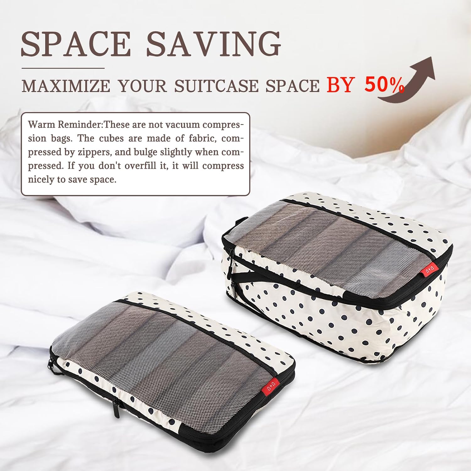6 Set Compression Packing Cubes, Travel Organizers (Polka Dot) | Space-Saving & Drawstring Bag Included