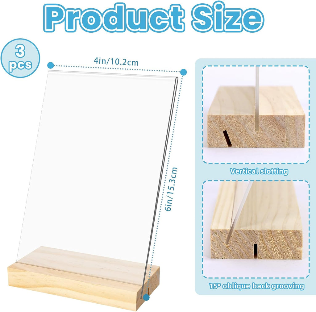 3 Pack 4"x6" Acrylic Sign Holder with Wood Base, L/T Shape Vertical or Slant Back Display, Clear Plastic Flyer