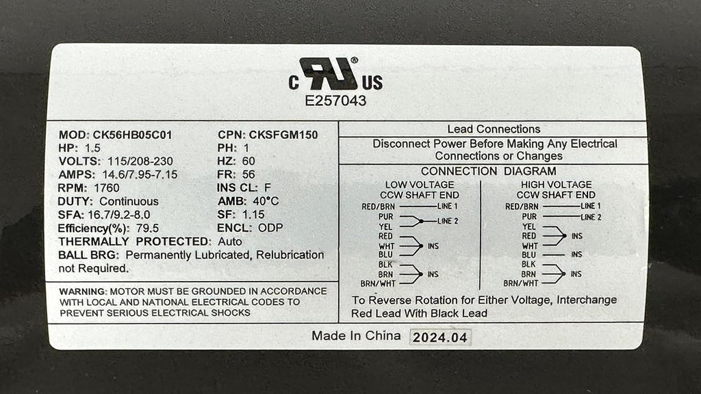 1.5 HP General Purpose Electric Motor 1760 RPM CX56HB05C01