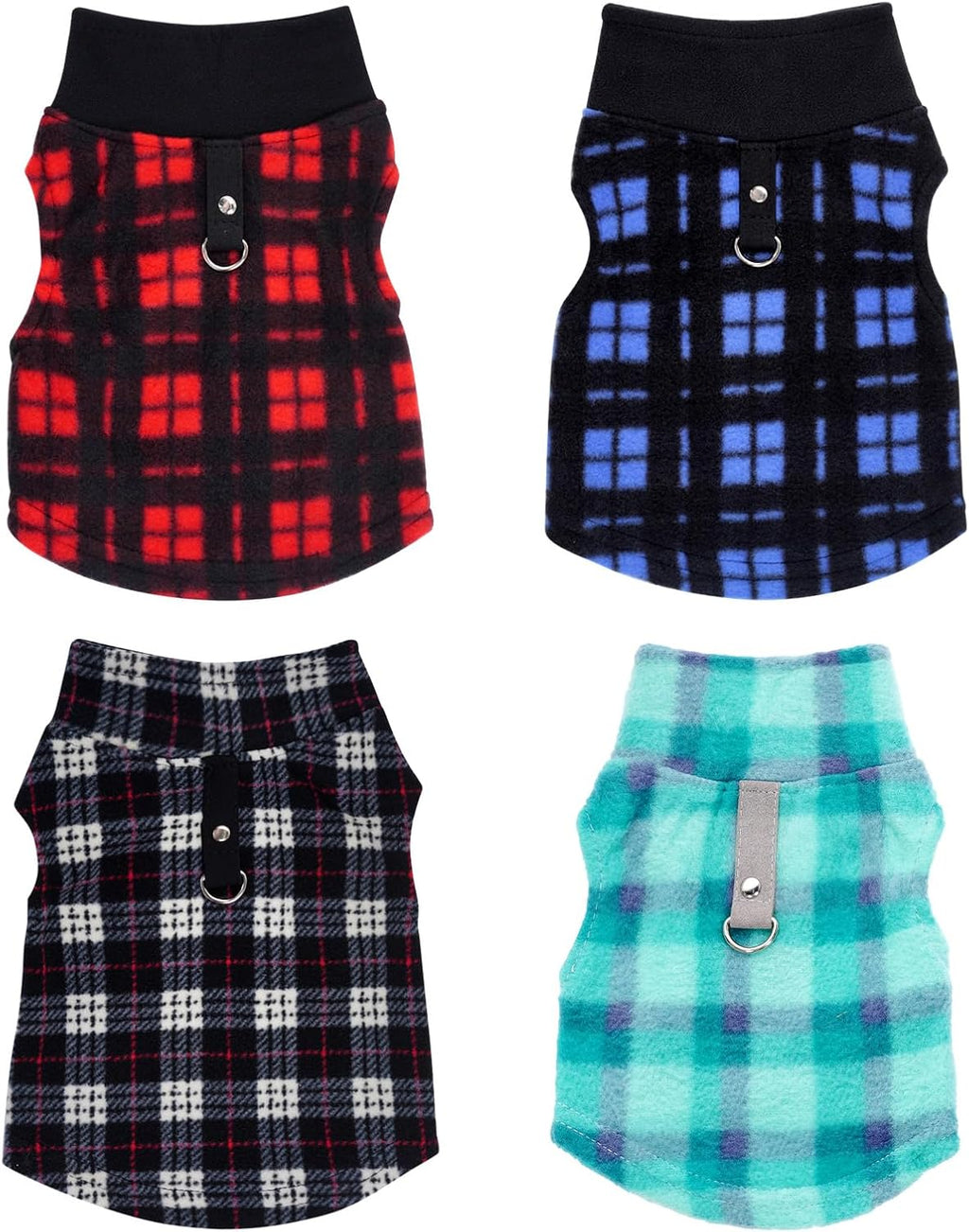 4 Pieces Buffalo Plaid Dog Sweaters with Leash Ring Soft Fleece Vest Dogs Pullover Warm Jacket Pet Dogs Clothes