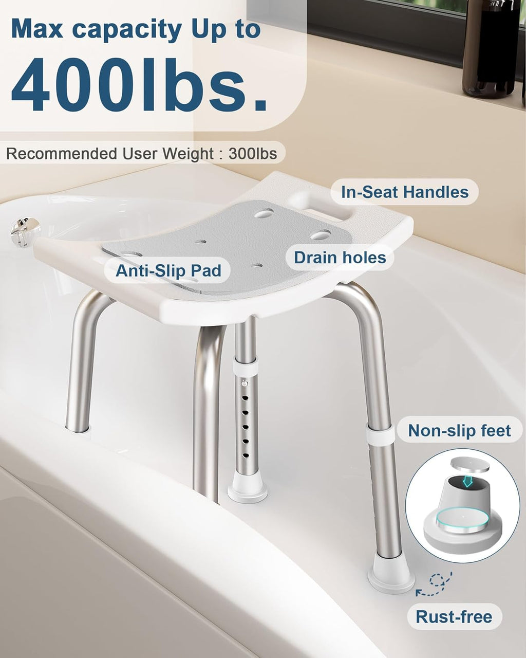 Shower Chair for Inside Shower, 400 lbs Adjustable Shower Stool with Suction Feet, Shower Seat for Inside Tub