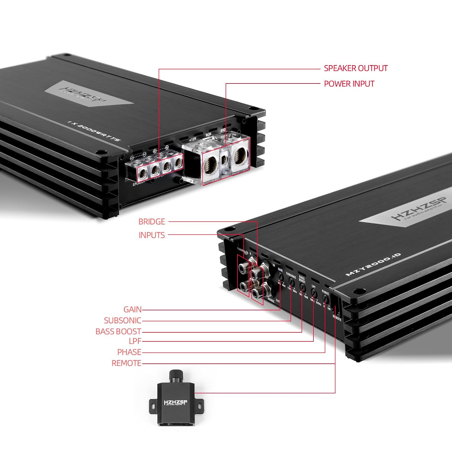 2000W RMS Class D Monoblock Car Subwoofer Amplifier, 1 Ohm Stable | Low Pass & Subsonic Filter, Bass Boost, Aluminum