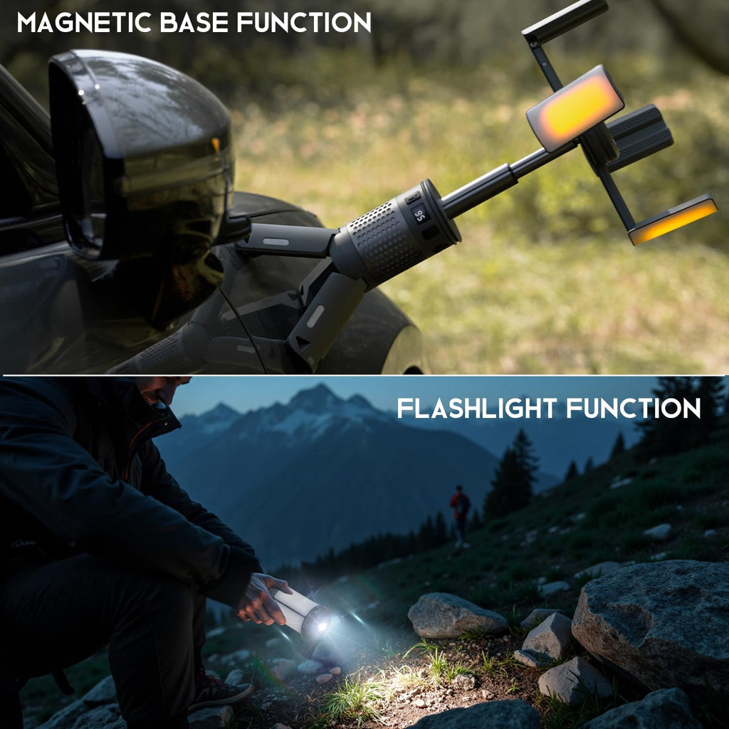 Telescopic Camping Lights with Stand, 40H Playtime, Magnetic Base | 12000mAh Portable Flashlight, RGB Ambient