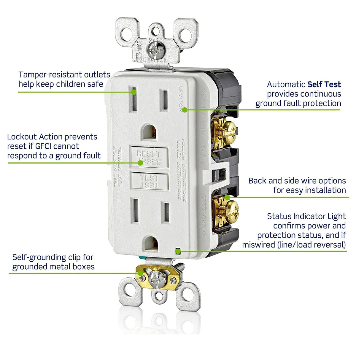 Leviton 20A-125V Extra-Heavy Duty Hospital Grade Tamper-Resistant Duplex Self-Test GFCI Receptacle, 20-Amp, GFTR2-HGW, White