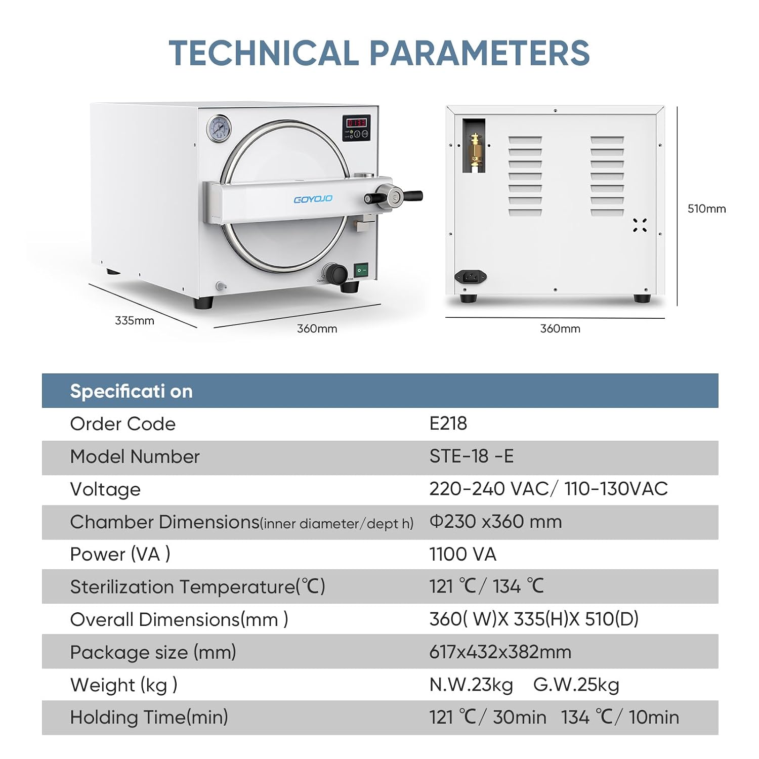 18L Autoclave Sterilizer – Tabletop Class N High Pressure Steam Sterilizer Autoclave Machine with Digital Control