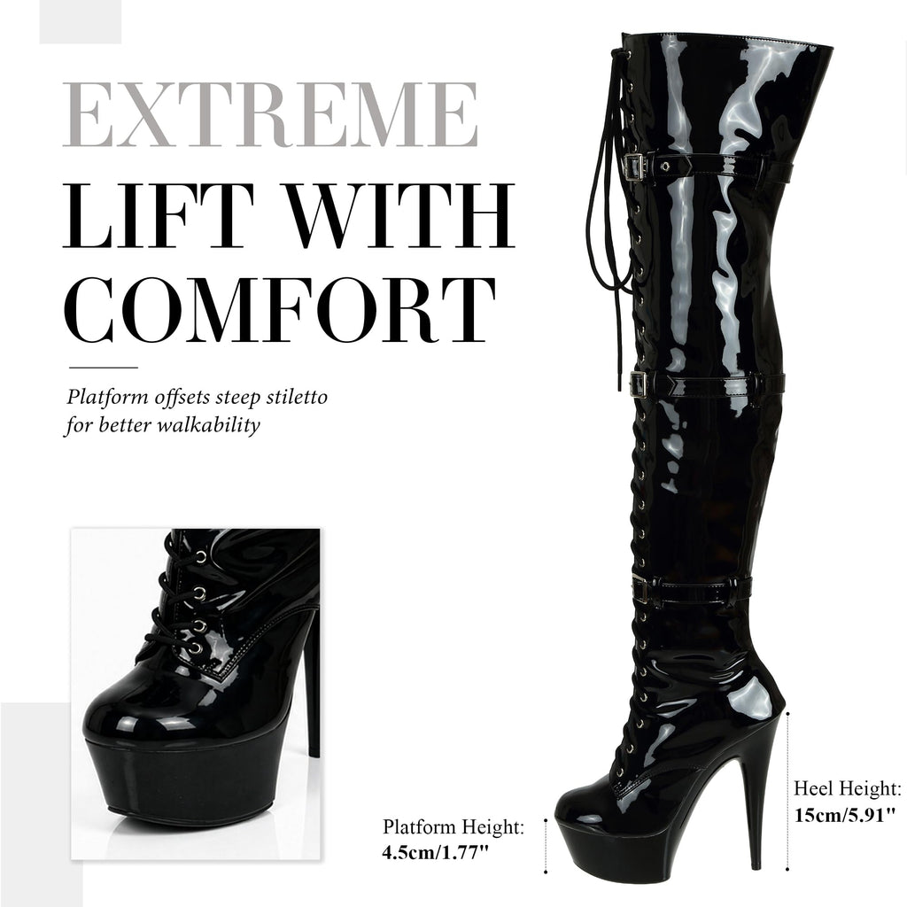 Women's Over The Knee Thigh High Heel Boots Platform Zip Buckle Lace Up Black US Size 9