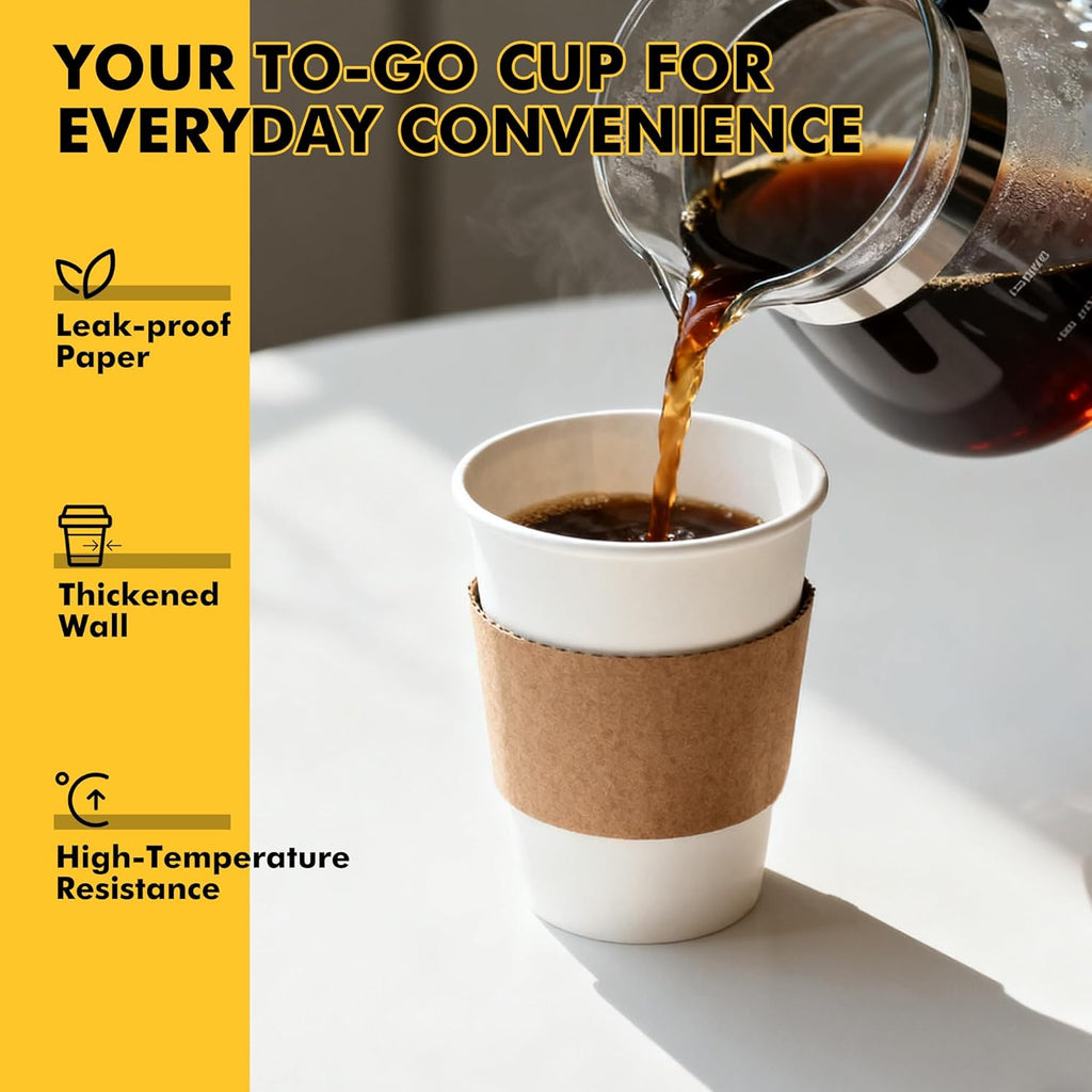 12 oz 50 pack Disposable Paper Coffee Cups with Lids and Sleeves
