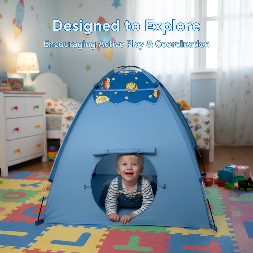 Space Play Tent for Boys,Fits 2–3 Kids,Indoor Tent with Tunnel Port | Built-in Decoration Hooks,Set Up in Just 5