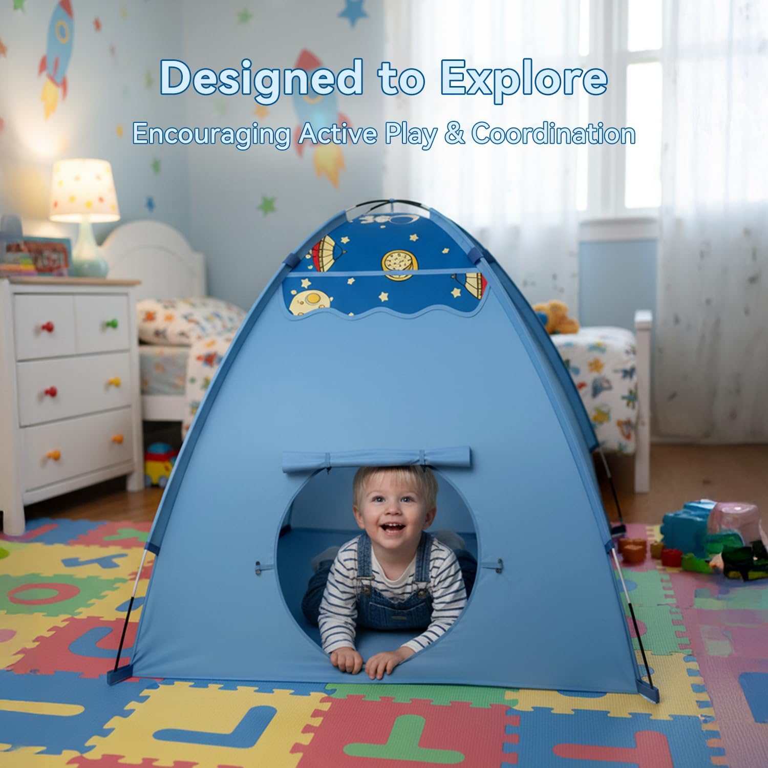 Space Play Tent for Boys,Fits 2–3 Kids,Indoor Tent with Tunnel Port | Built-in Decoration Hooks,Set Up in Just 5