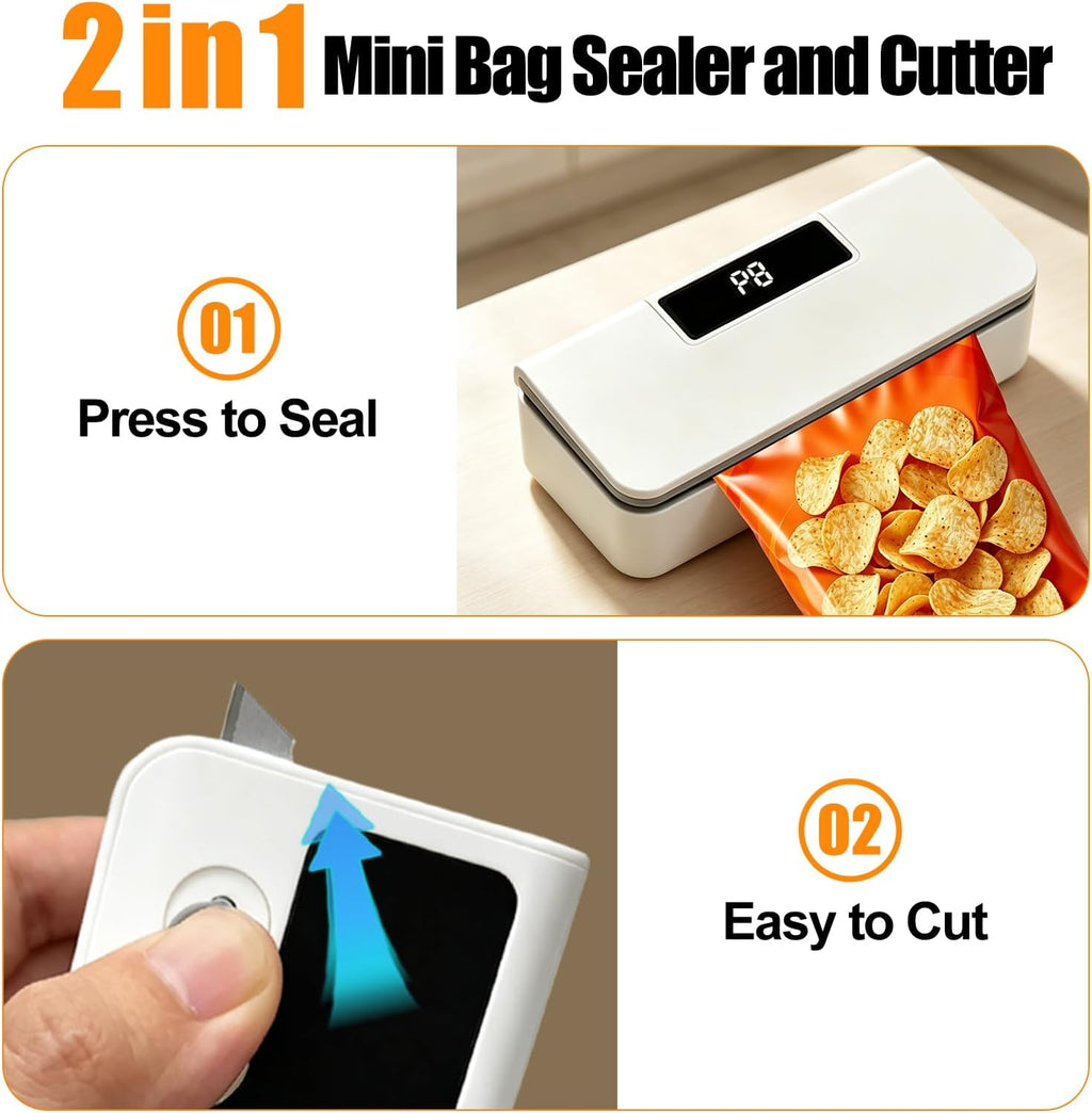 Mini Bag Sealer, 8 Adjustable Chip Sealer with Secure Lock, Cutter, Magnet