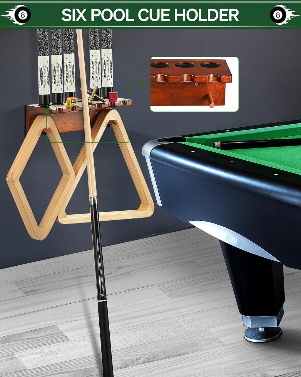 Wall Mount Pool Cue Rack Stick Holder, Billiards Rack | Solid Oak Hardwood Pool Cue Set Holder For Sticks Storage.