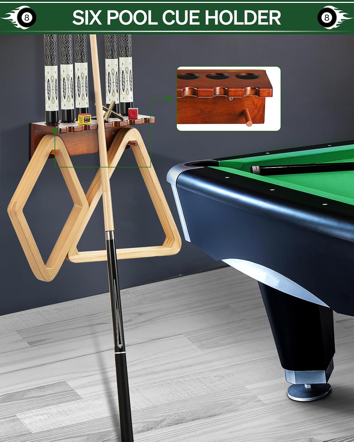 Wall Mount Pool Cue Rack Stick Holder, Billiards Rack | Solid Oak Hardwood Pool Cue Set Holder For Sticks Storage.