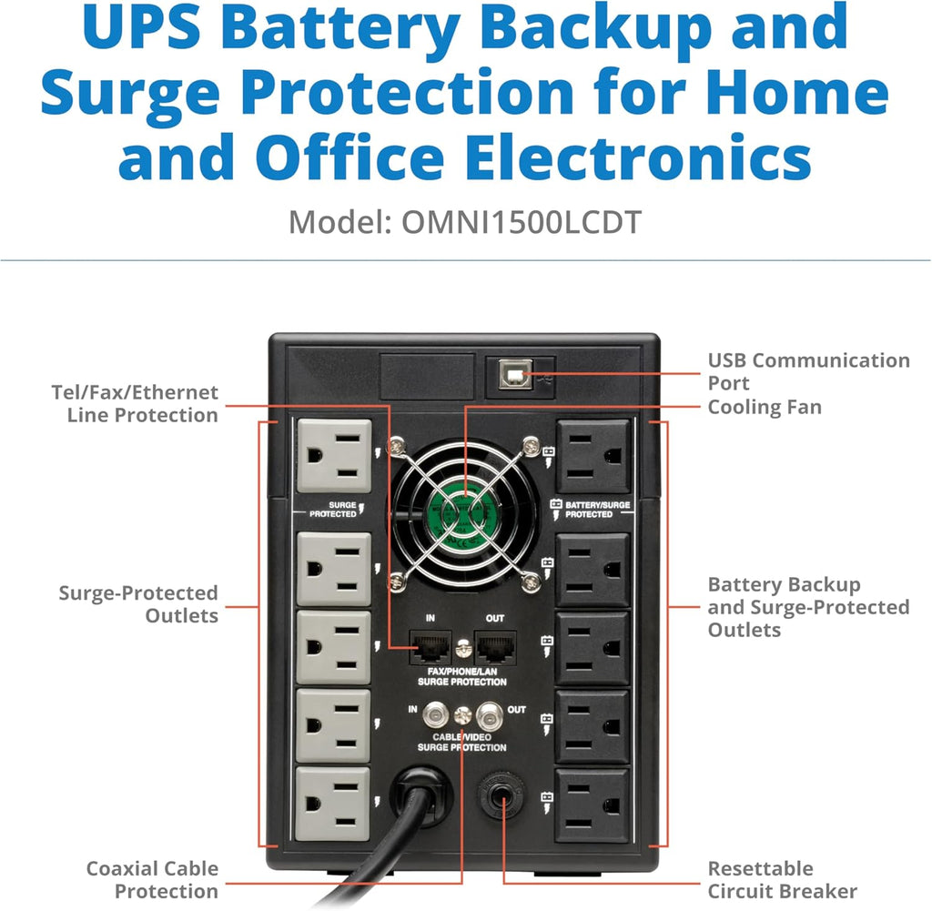 Eaton Tripp Lite OMNI1500LCDT 1500VA UPS 810W 10 Outlets 650 Joules AVR LCD | Battery Backup Surge Protector