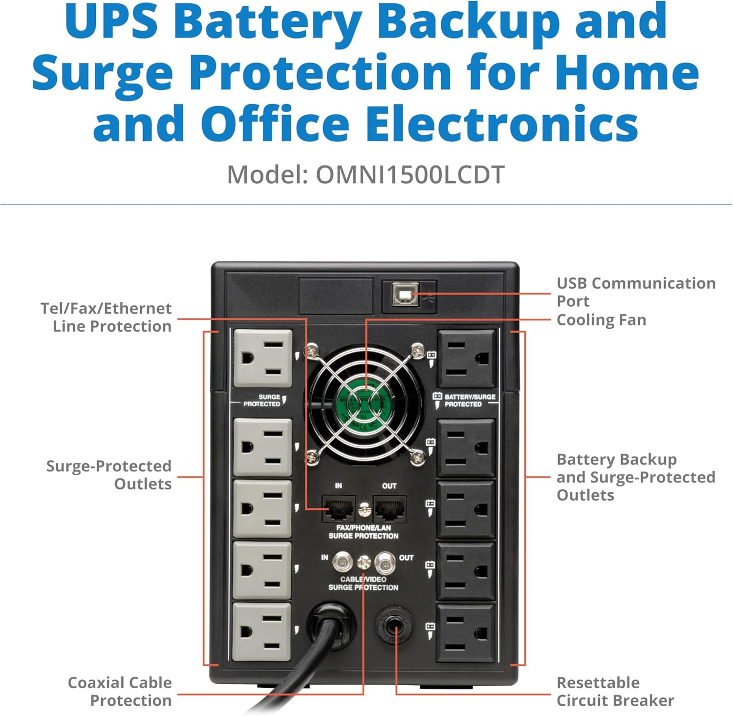 Eaton Tripp Lite OMNI1500LCDT 1500VA UPS 810W 10 Outlets 650 Joules AVR LCD | Battery Backup Surge Protector