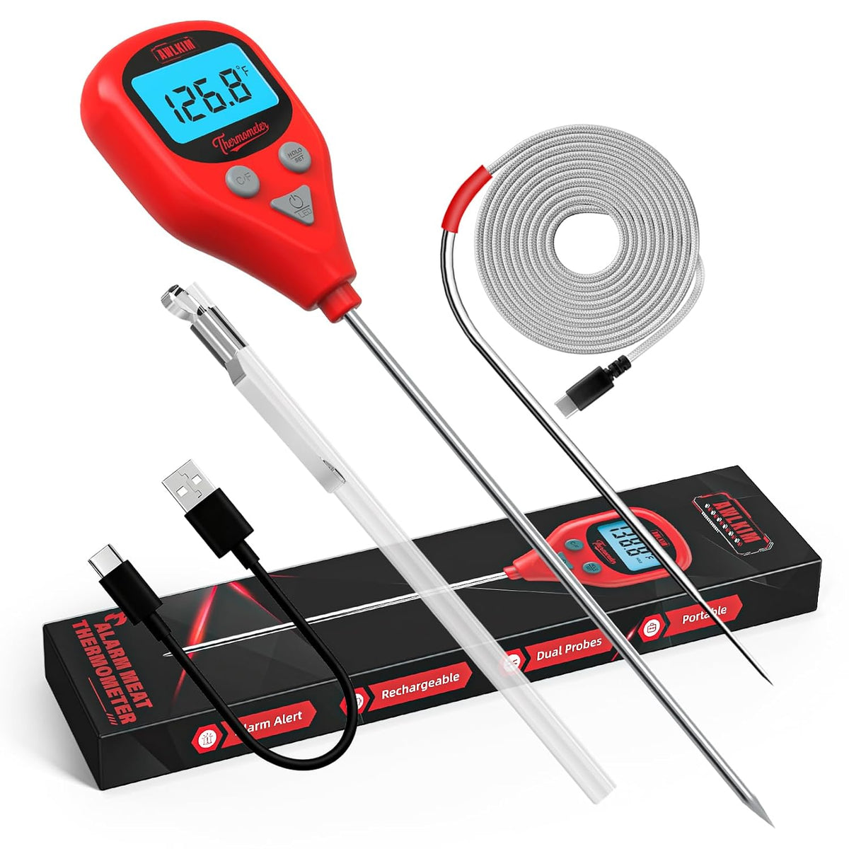 Dual Probe Meat Thermometer, Instant Read + Oven Probe Alarm, USB-C
