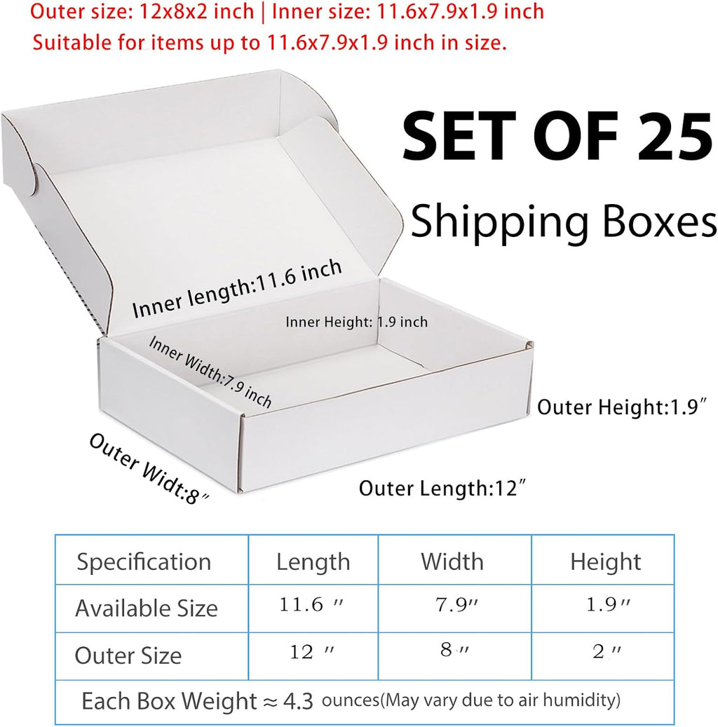 12x8x2 White Shipping Boxes for Small Business, Packing, 25 Pack