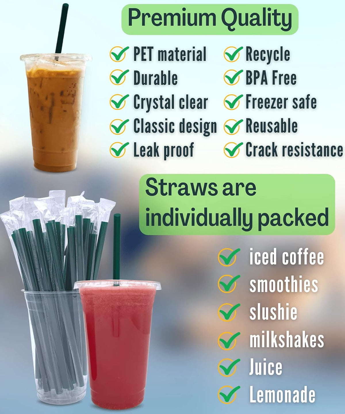 20 oz Clear Plastic Cups with Lids and STRAWS, Disposable Drinking Cups for Cold Drinks, Iced Coffee, Milkshakes