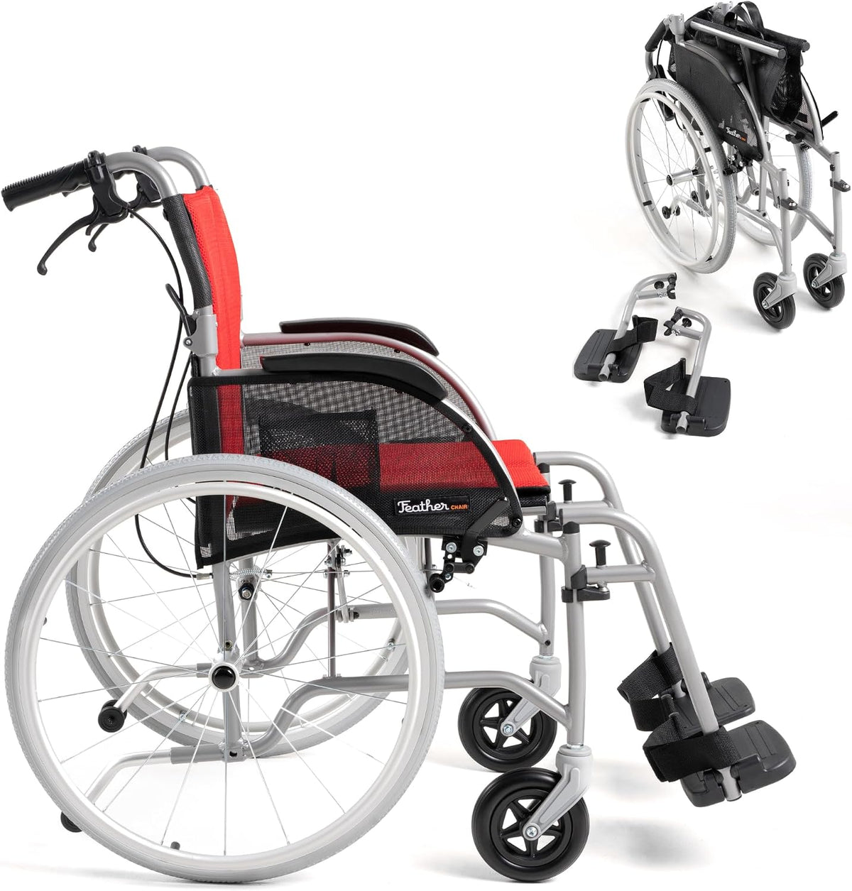Red Lightweight Folding Wheelchair - 13.5 lbs, 18" Seat Width - with Swingaway Legrests, Anti-tippers, and Quick