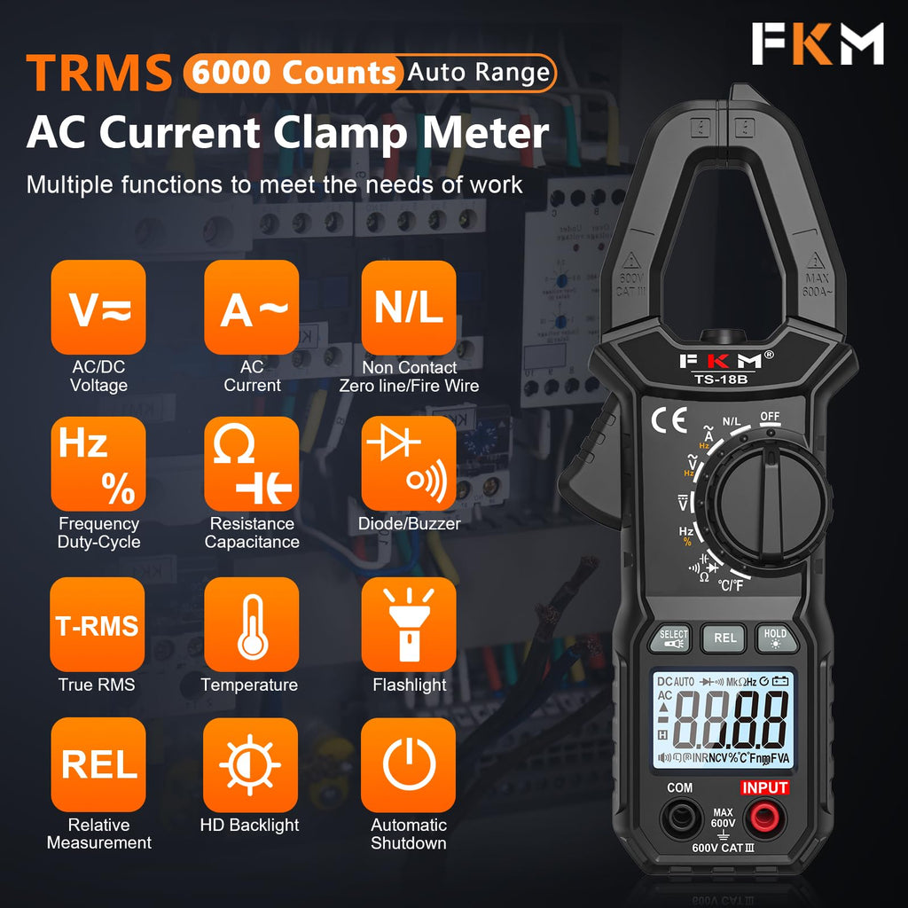 FKM Clamp Meter,TRMS 6000 Counts,Digital Clamp Multimeter Voltage Tester