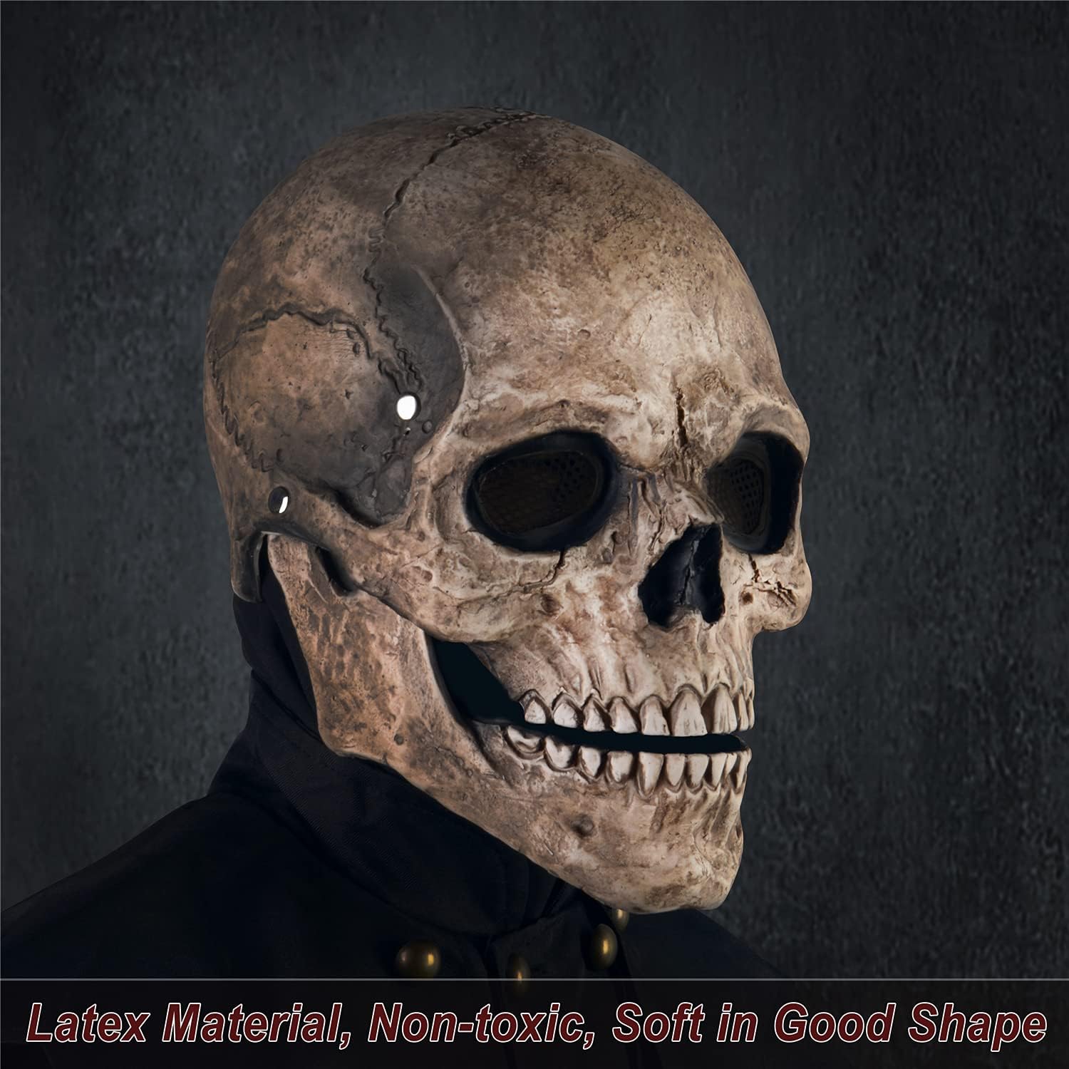 Creepy Halloween Full Head Skull Mask with Movable Jaw, Adult Entire Head Realistic Latex Helmet, Scary Skeleton