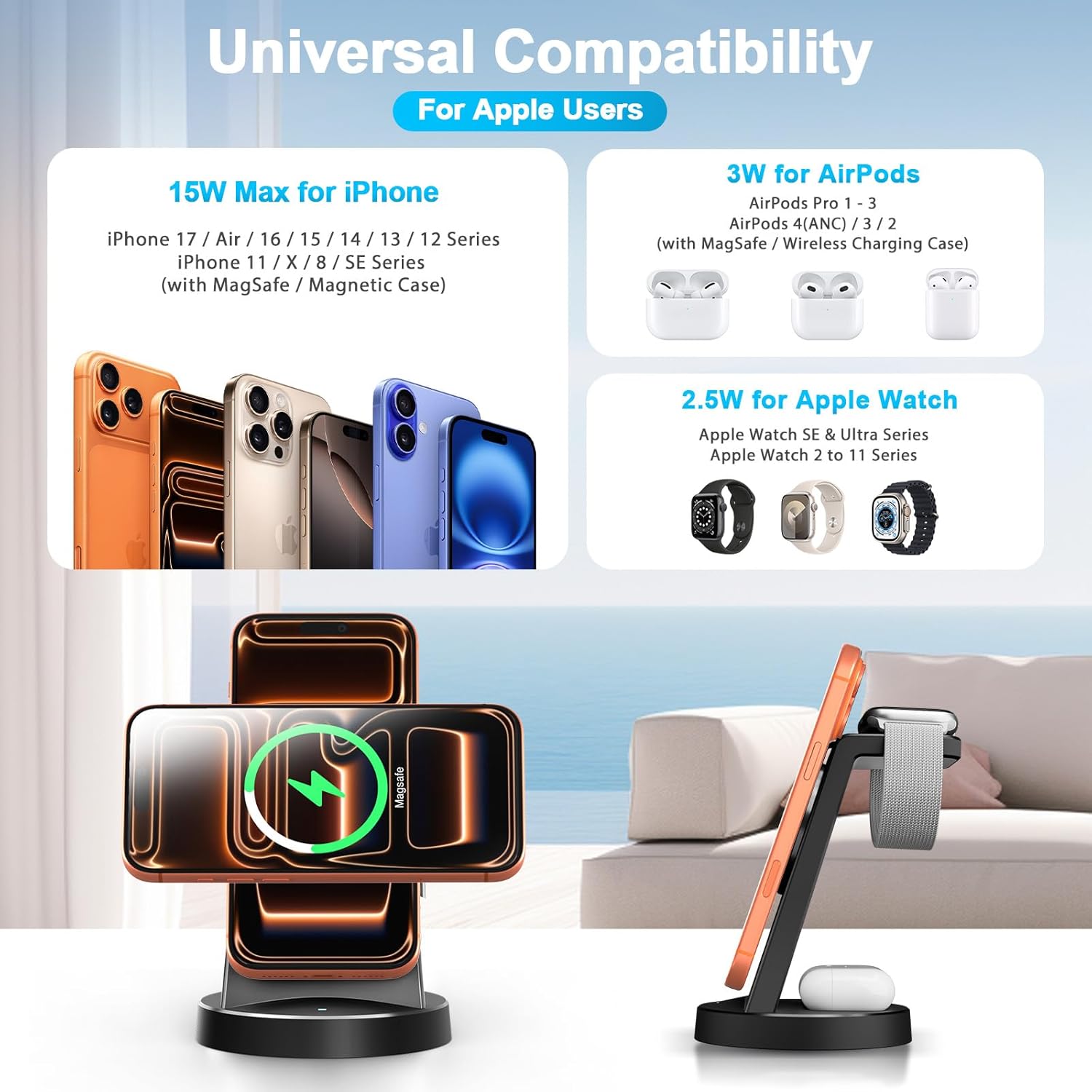 MagSafe Charger 15W Magnetic 3-in-1 Wireless Charging Station for Apple | Phone and Watch Charger for Apple Multiple