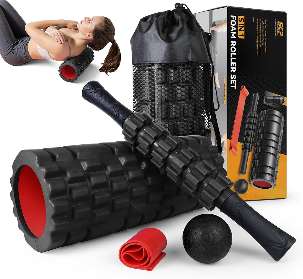 5 in1 Foam Roller Set, Trigger Point Foam Roller Deep Tissue | Massage Roller Stick, Massage Ball, Resistance Band