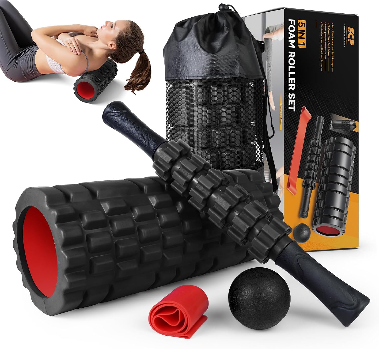 5 in1 Foam Roller Set, Trigger Point Foam Roller Deep Tissue | Massage Roller Stick, Massage Ball, Resistance Band
