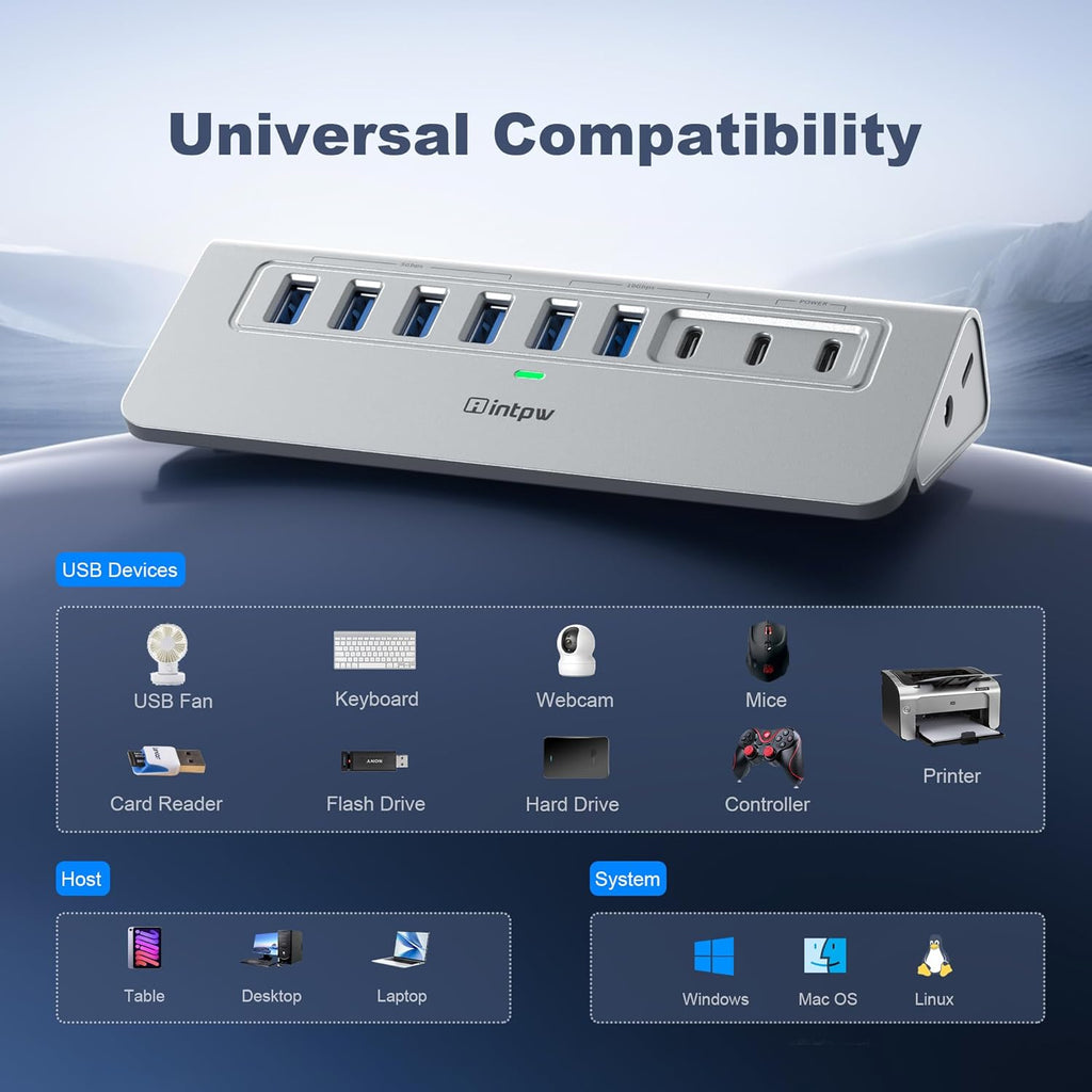 Powered USB Hub 10Gbps, intpw 9-Port USB 3.2 Hub, USB C Hub with USB A/USB C 3.2, 4 USB 3.0, 2 PD 45W Charging Ports