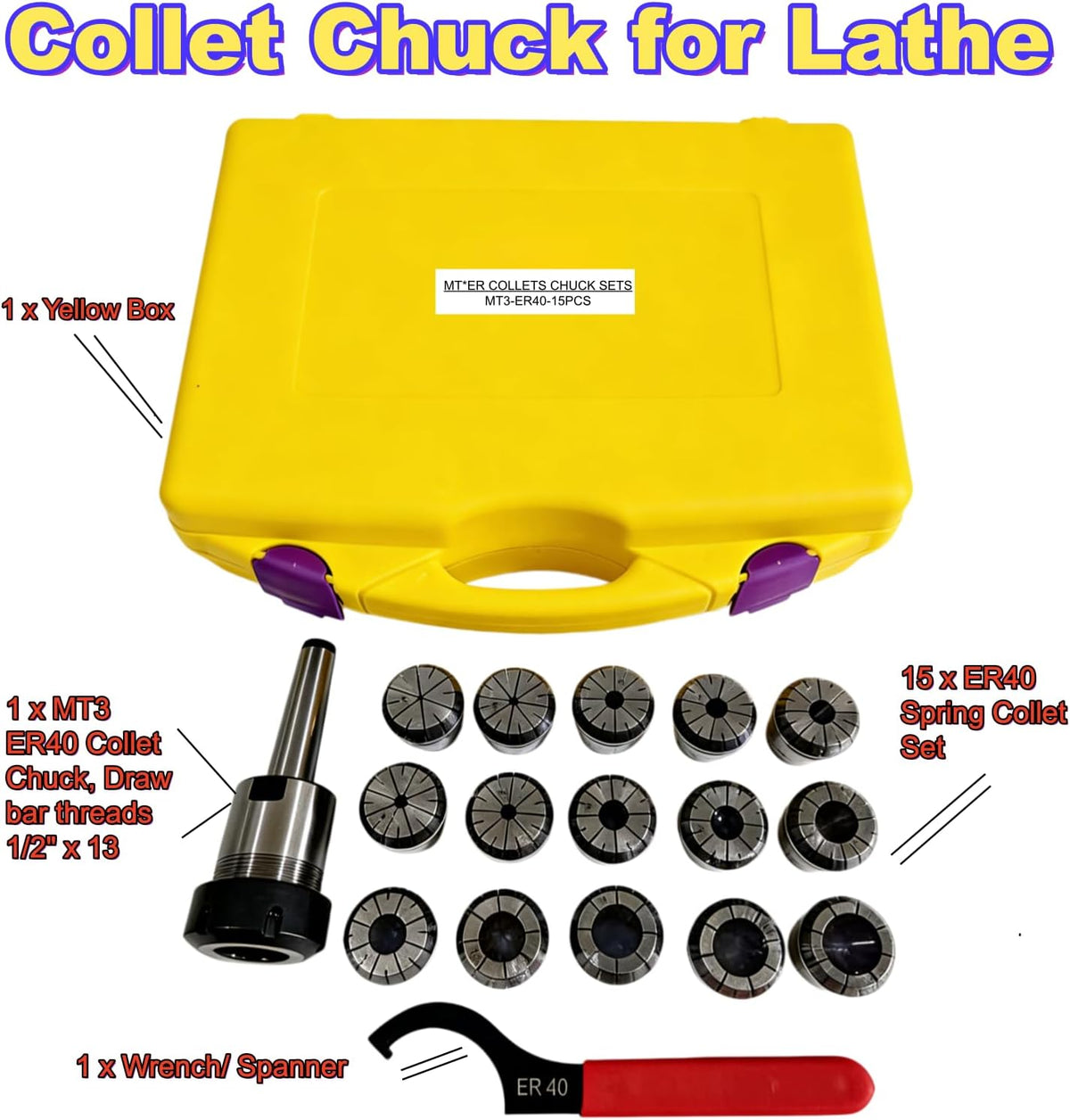 MT3 ER40 Collet Chuck Set with 15 PCS Collets, 1/8"-1"
