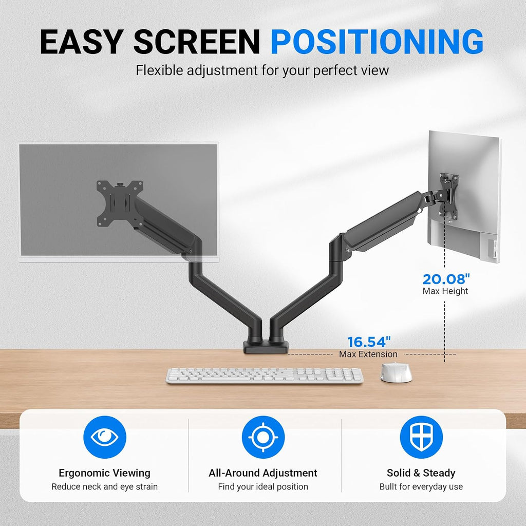 Gas Spring Monitor Mount for 13-32″, Dual Monitor Arm, Easy Install | Full Motion Adjustable 360° Rotate Swivel Tilt