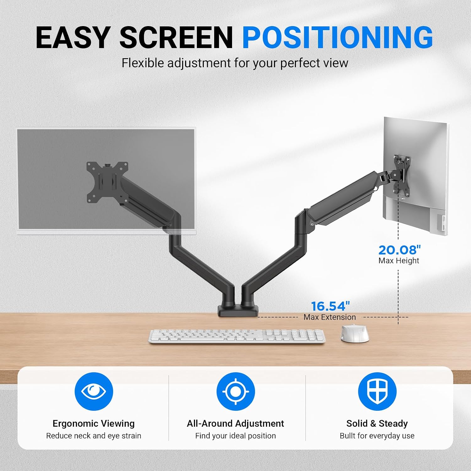 Gas Spring Monitor Mount for 13-32″, Dual Monitor Arm, Easy Install | Full Motion Adjustable 360° Rotate Swivel Tilt