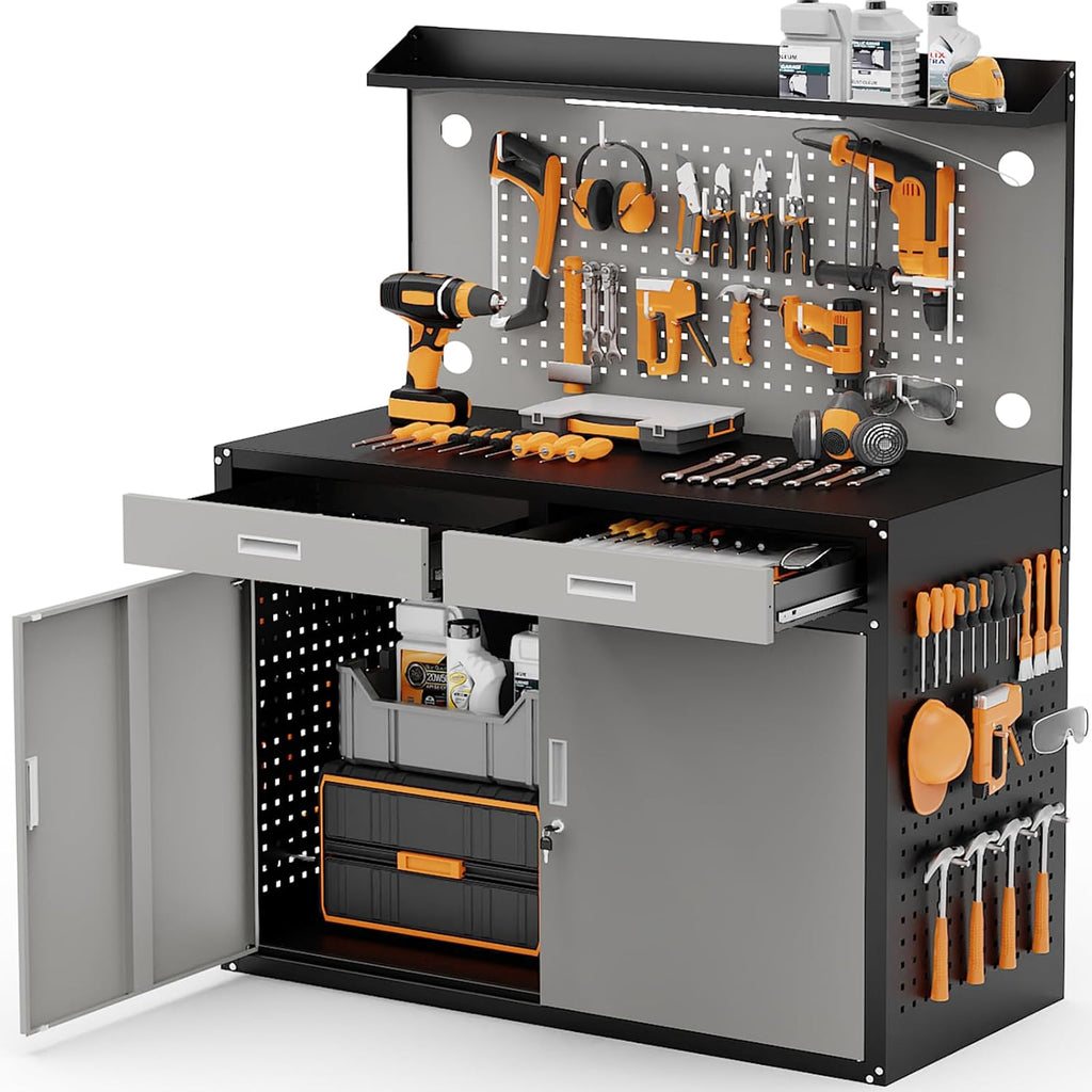 65" Heavy Duty Garage Workbench with Storage Drawers & Pegboard,2000lbs Capacity Metal Work Bench with Lockable