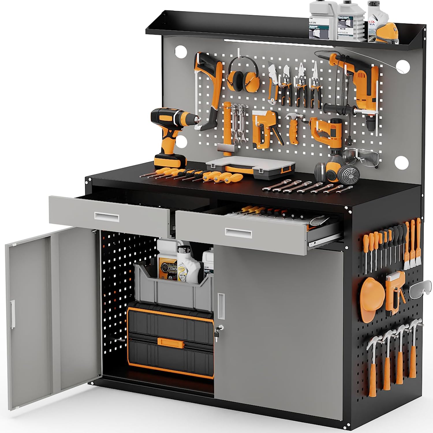 65" Heavy Duty Garage Workbench with Storage Drawers & Pegboard,2000lbs Capacity Metal Work Bench with Lockable