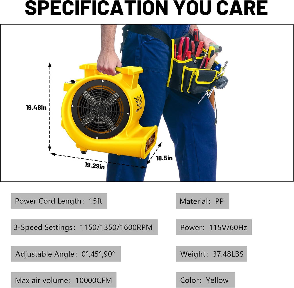 Air Mover Blower Fan, Industrial 1.5HP MAX10000CFM Monster Floor Blower Carpet Dryers - 3 Speeds, 4 Adjustable