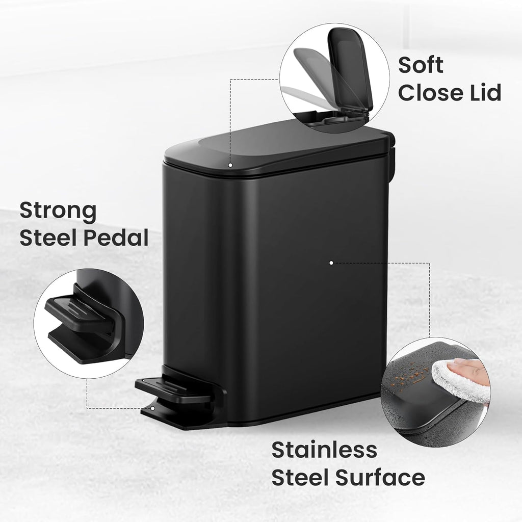 Small Bathroom Trash Can with Lid, 1.6 Gal, Soft Close, Matte Black | Step pedal soft close, Slim 5.9in fits narrow