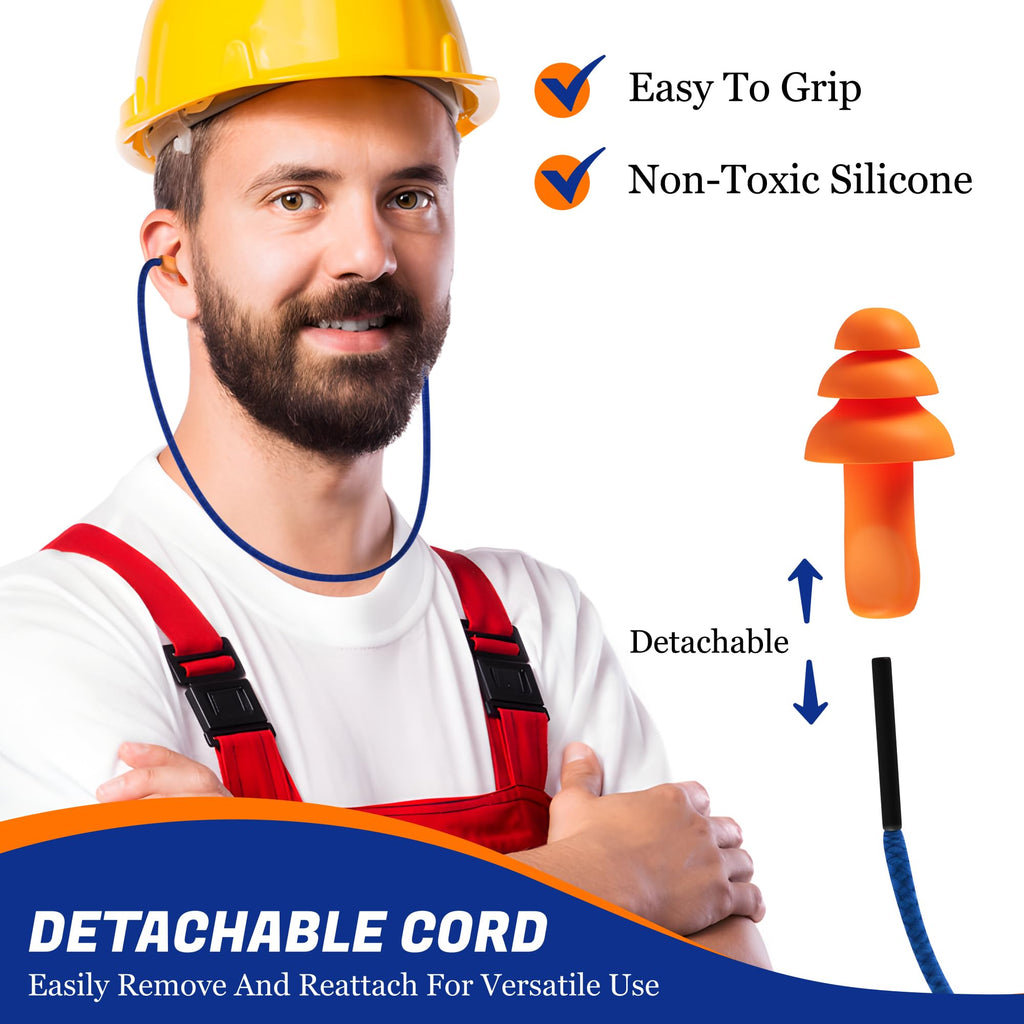 Quality Reusable Earplugs 100 Pair - 25dB Corded Silicone Ear Plugs for Shooting Construction Work Ear Plugs