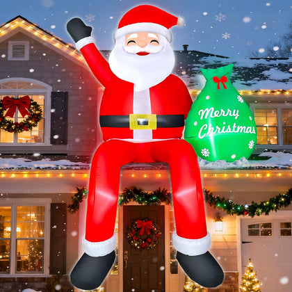 8FT Santa Claus Sitting on The Roof Christmas Inflatable Decoration with Gift Bag & Built-in LEDs, Giant Blow Up