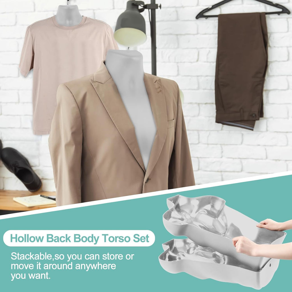 2 Pack Male and Female Mannequin Torso with Metal Stand Hanging Hooks Dress Form Hollow Back Shirt Half Body
