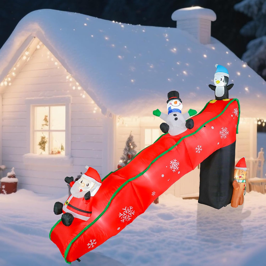 Christmas Inflatables Outdoor Decorations, 9.7FT Snowy Slide with Santa, Snowman, Penguin, Gingerbread Man, Animated